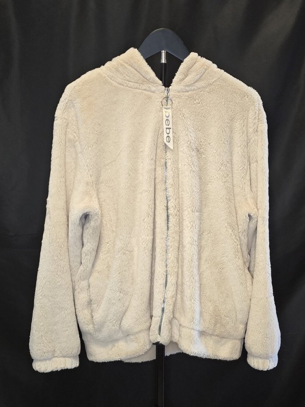bebe Sport Faux Fur Hooded Jacket Cream Sherpa Logo Zip Pull Women's XL
